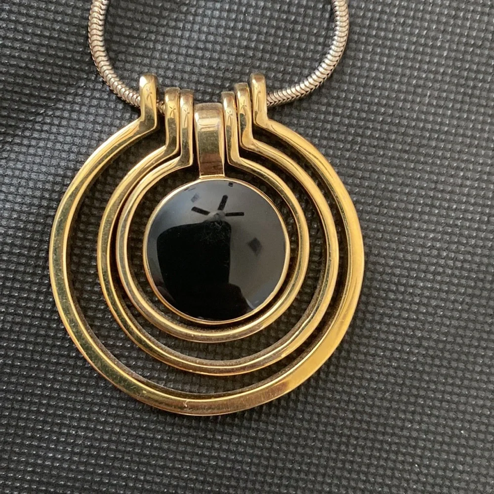 Gold Metal & Black Resin Medallion Statement Necklace.